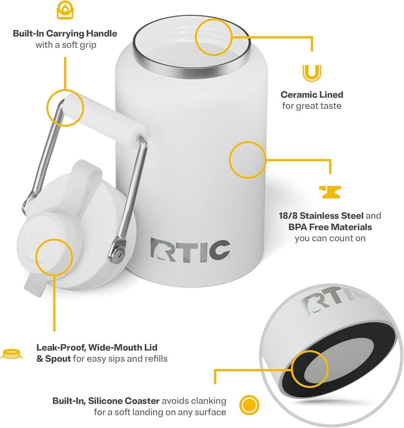 RTIC Half Gallon Outback Jug, Stainless Steel, Ceramic Lined Insulated Water Bottle with Lid and Handle, BPA-Free, Double Wall Vacuum Insulation, White - Image 3